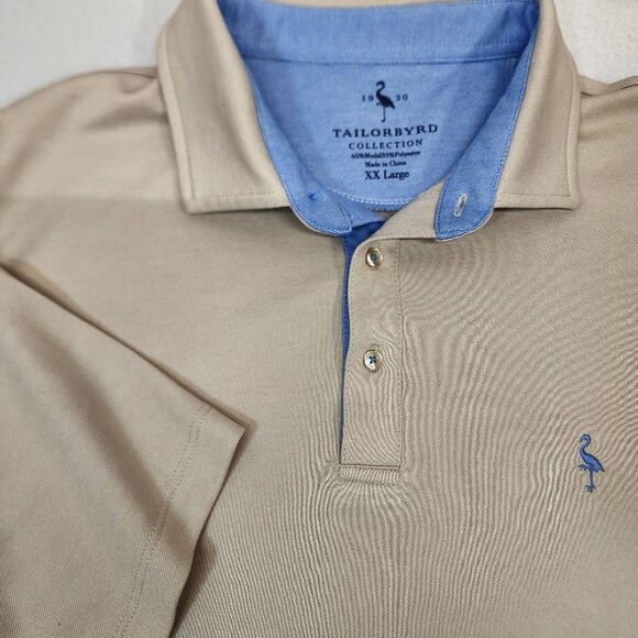 TailorByrd Collection Beige Polo Shirt XX Large Tan Blue Trim Flamingo Logo - Picture 7 of 7